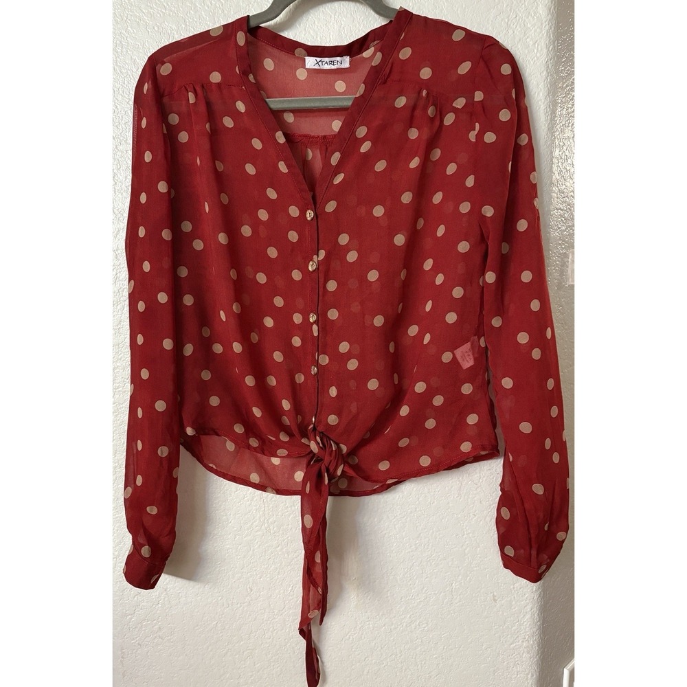 Xtaren Red Polka Dot Button Down Sheer tie Front Blouse Size Small Boho Whimsy